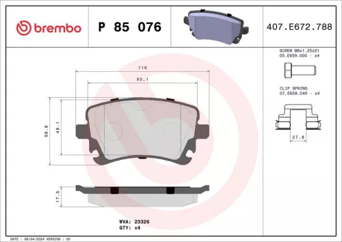 Brake Pad Set, disc brake BREMBO P 85 076)