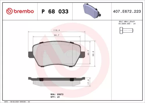 Brake Pad Set, disc brake BREMBO P 68 033X)