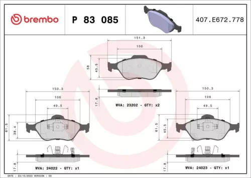 Brake Pad Set, disc brake BREMBO P 83 085)