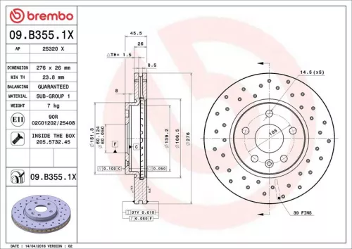 Brake Disc BREMBO 09.B355.1X)