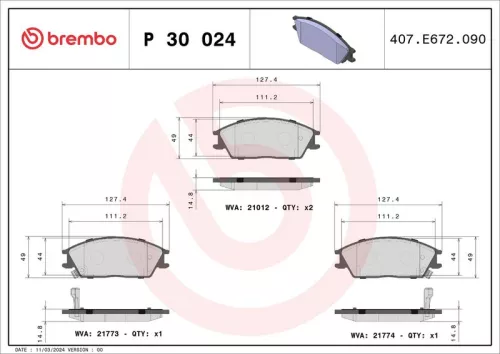 Brake Pad Set, disc brake BREMBO P 30 024)