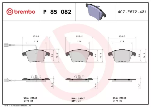 Brake Pad Set, disc brake BREMBO P 85 082)